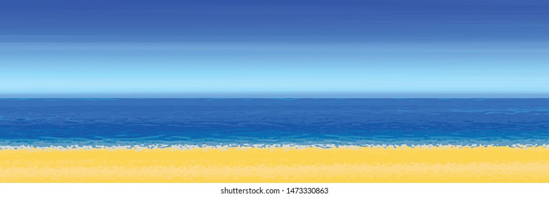 Panoramic view of the sandy beach of the sea, blurred summer background. Blue sky, sea and yellow sand.