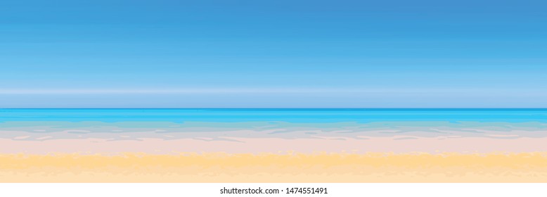 Panoramic view of the sandy beach of the sea, blurred summer background. Blue sky, sea and yellow sand.