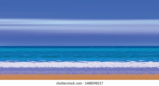 Panoramic view of the sandy beach of the sea, summer background. Blue sky, sea and yellow sand.