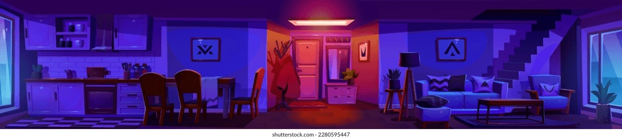 Panoramic view of scandinavian style apartment interior. Vector cartoon illustration of night hallway, living room and kitchen area with staircase, large windows, furniture and decor. Cozy home inside