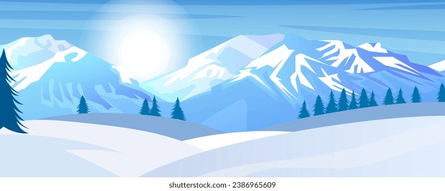 Panoramic view. Scenic snowy mountain landscape. Outdoor tourism activity. Winter time. High peak, steep rock. Adventure climbing and travelling. Frost and cold. Pine forest. Vector illustration