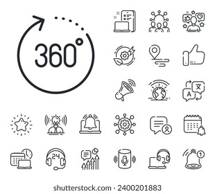 Panoramic view sign. Place location, technology and smart speaker outline icons. 360 degrees line icon. VR technology simulation symbol. 360 degrees line sign. Vector