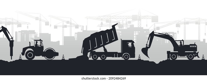 Panoramic view of silhouettes of soil compactor machinery, truck, wheel excavator, hammer excavator and operators working in a city under construction