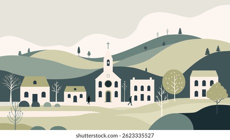 Vista panorâmica de uma pequena cidade em cores pastel. Aldeia nas montanhas. Paisagem em um estilo de vetor plano. 