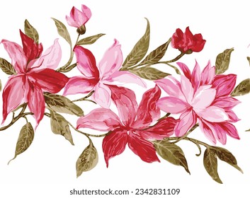 Panoramic view: spring blossom. Horizontal border: red, mauve, pink flowers, buds, green leaves on white background. Digital draw illustration in watercolor style, vintage, vector