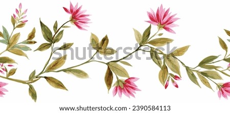 Panoramic view: spring blossom. Horizontal border: red, mauve, pink flowers, buds, green leaves on white background. Digital draw illustration in watercolor style, vintage, vector