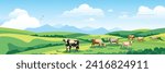 Panoramic view of spring landscape, countryside, cows grazing in a green meadow, vector illustration