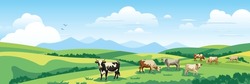 Panoramic View Of Spring Landscape, Countryside, Cows Grazing In A Green Meadow, Vector Illustration