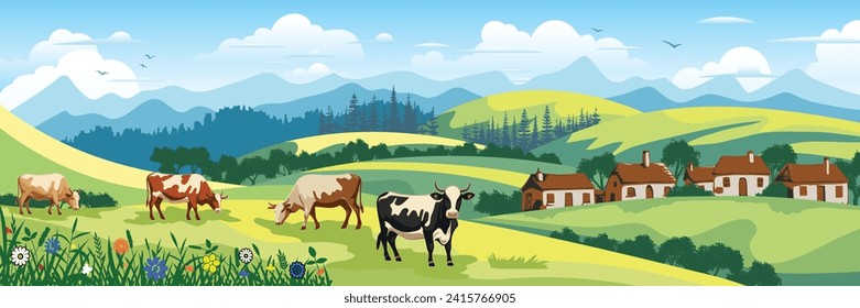 Panoramic view of spring landscape, countryside and village, cows grazing in a green meadow, vector illustration