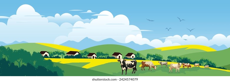 Panoramic view of spring landscape, countryside and village, cows grazing in a green meadow, vector illustration