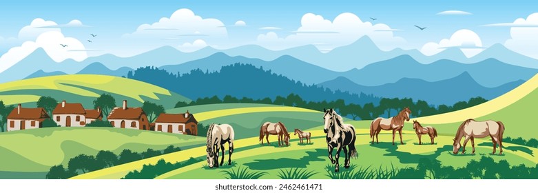 Panoramic view of spring landscape, countryside and village, horses grazing in a green meadow, vector illustration