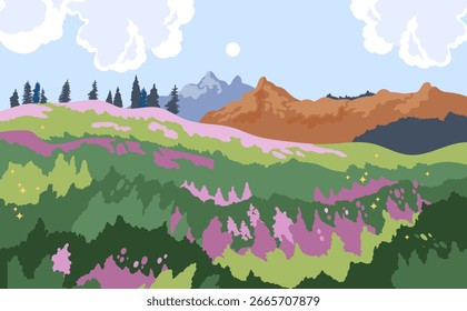 Vista panorámica del paisaje de la Naturaleza de primavera con hierba verde, colinas y flores Ilustración vectorial