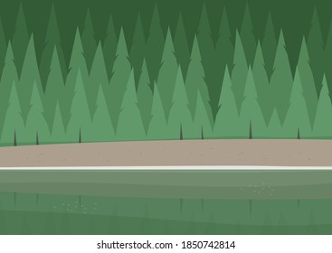 A panoramic view of the spruce forest and a mountain lakeshore, tourism, wild nature, no people, national park