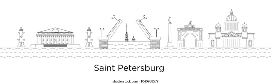 Panoramic view to St Petersburg. Main Sights, flat vector