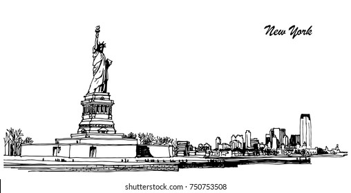 Panoramic view of the statue of liberty in New York. vector image with skyscrapers and sculpture in america. tourism and travel. black and white sketch on white background