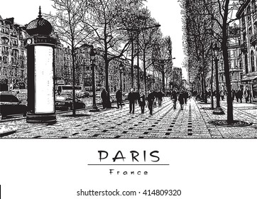 Panoramic View Of The Street. Paris, France. Black And White Vector Engraved Image.
EPS 10. Easy Editable Image. Result Of Auto-Trace.