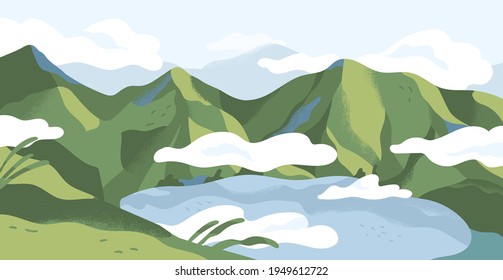 Panoramic view of summer landscape with lake in mountains. Calm nature panorama of highlands in green grass and clouds. Colored flat vector illustration of peaceful valley scenery