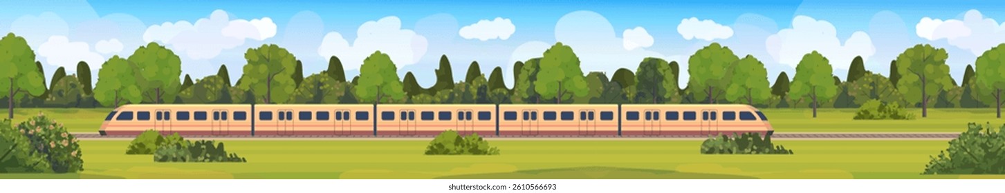 A panoramic view of a summer landscape with a modern electric high-speed train moving along the railroad. Concept modern transportation. Vector illustration. Not AI generated