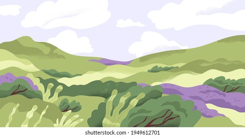 Panoramic view of summer nature landscape with grass, hills and flowers in good weather. Scenic panorama of green meadow and sky horizon with clouds. Flat vector illustration of rural scene