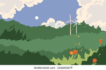 Panoramic View of Summer Nature Landscape with Green Grass, Hills and Flowers Vector Illustration