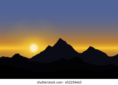Panoramic view of the sunrise over the mountain landscape under blue sky - vector