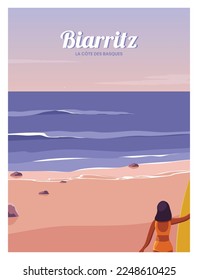 Panoramic view
sunset in Biarritz, France. view coastline with sand beaches and wave. Holidays in France. vector illustration with colored style for poster, postcard, card, art print.