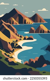 Panoramic view at top of Padar Island from Komodo Island National Park, Labuan Bajo, Flores, Indonesia poster Vector  flat color Illustration