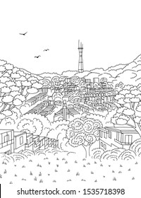 Panoramic view towards Sutro tower, hand drawn ink illustration of San Francisco's skyline