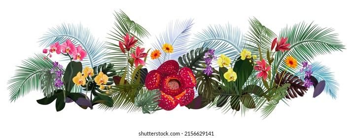 Panoramic view with tropical plants: rafflesia, red, yellow, purple orchids. Realistic flowers and coconut palm leaves. Bright design in watercolor style for exotic vocation advertising, vector