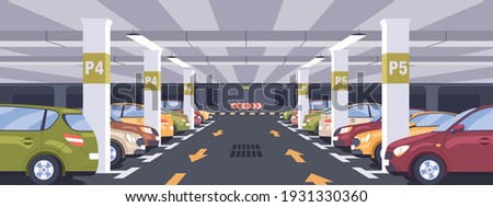 Panoramic view of urban underground car park full of parked autos. Basement garage interior with markings, signs, columns and reserved parking lots. Colored flat vector illustration Stockfoto © 