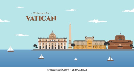 Panoramic view of Vatican, Rome. The best destination with famous historical building for tourist vacation. Rome cityscape with landmark. Italy in a travel and tourism concept. Vector illustration