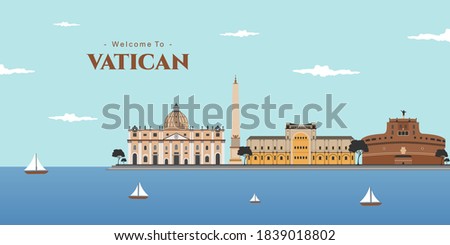 Panoramic view of Vatican, Rome. The best destination with famous historical building for tourist vacation. Rome cityscape with landmark. Italy in a travel and tourism concept. Vector illustration