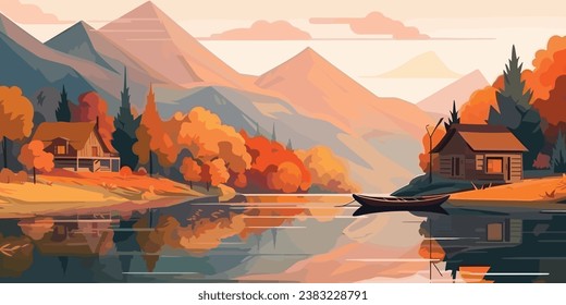 Panoramic view of vector illustration of scenic autumn landscape. 