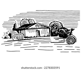 Panoramic view village landscape drawing with farm, wheat, haystacks. Hand drawn in black and white engraving style