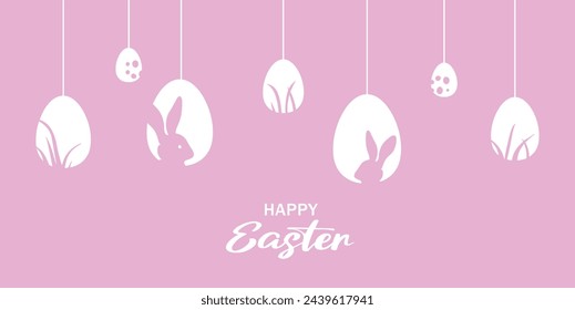 Panoramic view, white easter egg ornaments, and bunny silhouettes, banner on a pastel pink background with "Happy Easter" message.