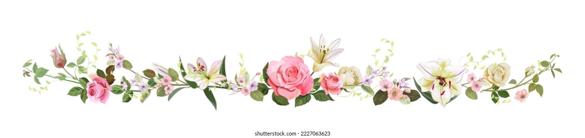 Vista panorámica con rosas blancas, rosas suaves rosadas, lirios, flor primaveral. Frontera horizontal para el Día de San Valentín: flores, brotes, hojas sobre fondo blanco, dibujo digital, color de agua vintage, vector