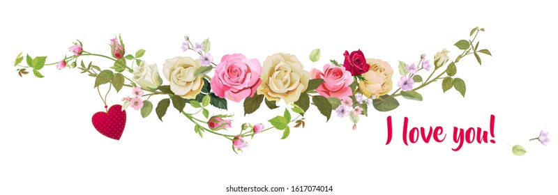 Panoramic view with white, pink, red roses, red heart, spring blossom. Horizontal border for Valentine's Day: flowers, buds, leaves on white background, digital draw, vintage watercolor style, vector