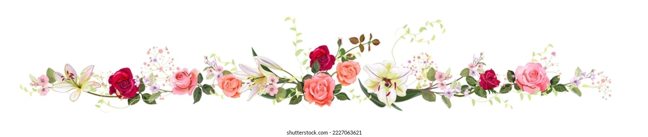 Panoramic view with white, pink, red roses, lilies, spring blossom. Horizontal border for Valentine's Day: flowers, buds, leaves on white background, digital draw, vintage watercolor style, vector