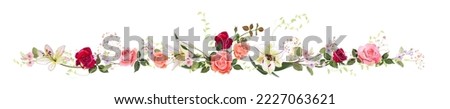 Panoramic view with white, pink, red roses, lilies, spring blossom. Horizontal border for Valentine's Day: flowers, buds, leaves on white background, digital draw, vintage watercolor style, vector