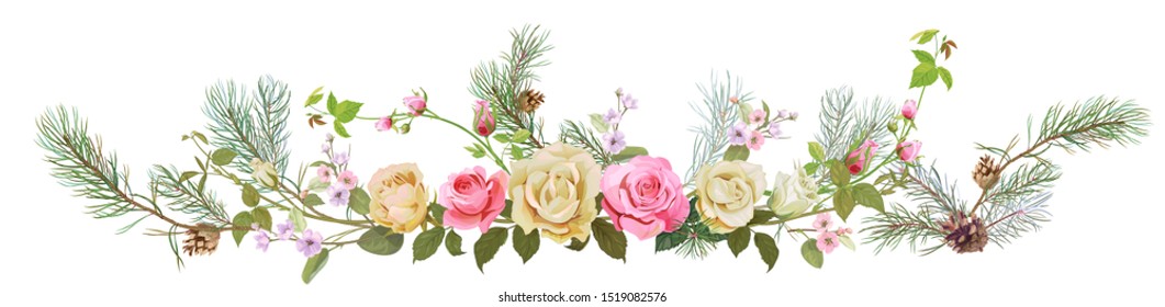 Panoramic view with white, pink roses, spring blossom, pine branches, cones. Horizontal border for Christmas: flowers, buds, leaves on white background, digital draw, watercolor style, vector