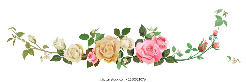 Panoramic view with white, pink roses, common snowberry (Symphoricarpos albus). Horizontal border for Christmas: flowers, buds, leaves on white background, digital draw, watercolor style, vector