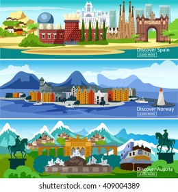 Panoramic views horizontal banners of the main attractions of European tourist cities in Spain Norway and Austria vector illustration