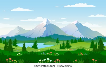 Panoramic views of large mountains, beautiful meadows with flowers. Flat cartoon landscape with nature. Stock vector illustration. EPS 10.