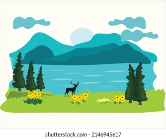 Panoramic views of large mountains, beautiful meadows with flowers and deers