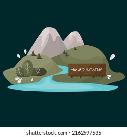 Vistas panorámicas a las montañas, hermosos prados con flores. Un paisaje plano de caricaturas con la naturaleza. Ilustración vectorial de material. EPS 10.