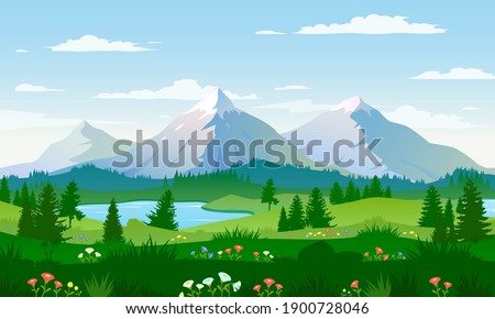 Panoramic views of large mountains, beautiful meadows with flowers. Flat cartoon landscape with nature. Stock vector illustration. EPS 10.