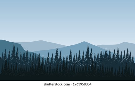 Panoramic views of the mountains with extraordinary forests from the edge of the city in the morning. Vector illustration of a city