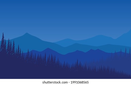 Panoramic views of the mountains with fantastic forests from the outskirts of the city at night. Vector illustration of a city