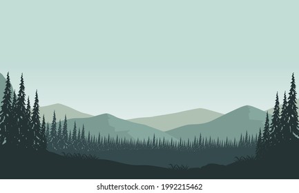 Panoramic views of mountains with fantastic forests from the edge of the city in the morning. Vector illustration of a city