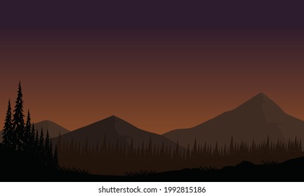 Panoramic views of the mountains with a magnificent forest at twilight from the edge of the city. Vector illustration of a city